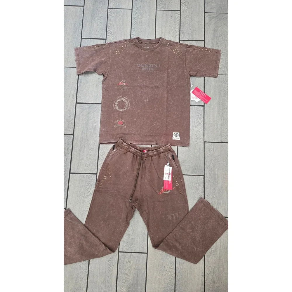 Gunzinii Denim & Co Mens 2XL Brown Mineral Wash Studded T-Shirt and Joggers Set